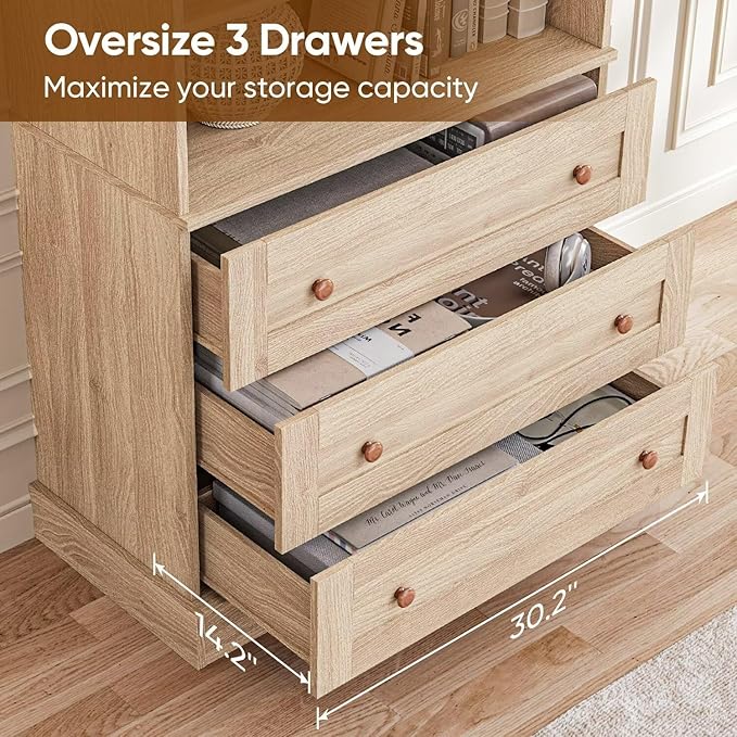 71" Farmhouse Bookcase with Glass Doors & Drawers, Tall Wooden Storage Cabinet with Adjustable Shelves for Living Room, Kitchen, Home Office, Dining Room ??Rustic Brown, Set of 4