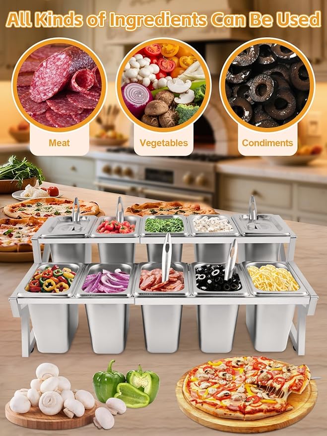 Lanstics 10 Pans Pizza Topping Station 2 Row Adjustable Pizza Storage Container Topping containers with Lids Condiment Organizers Buffet Containers Set for Restaurant Pizza Sauce Jam Fruit Ingredient