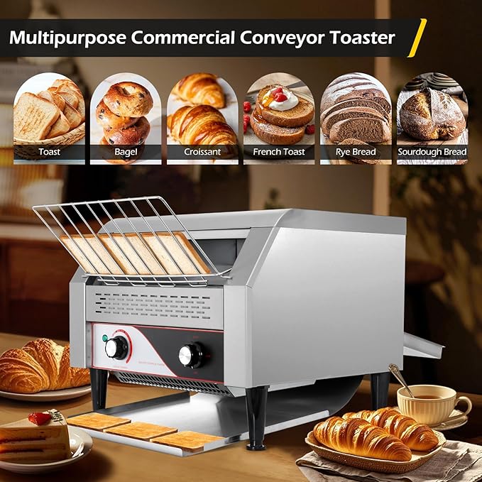 Dyna-Living Commercial Toaster 450 Slices/H Restaurant Toasters 1900W Conveyor Rotating Toaster Oven Commercial Belt Toasters Hamburger Bread Bun Toaster for Restaurant