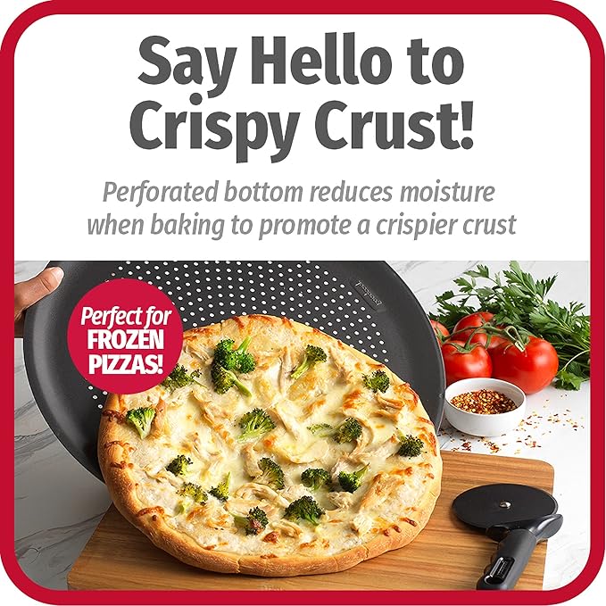 GoodCook AirPerfect 14" Insulated Nonstick Carbon Steel Pizza Pan with Cutting Guides, Perforated Nonstick Pizza Pan, Gray