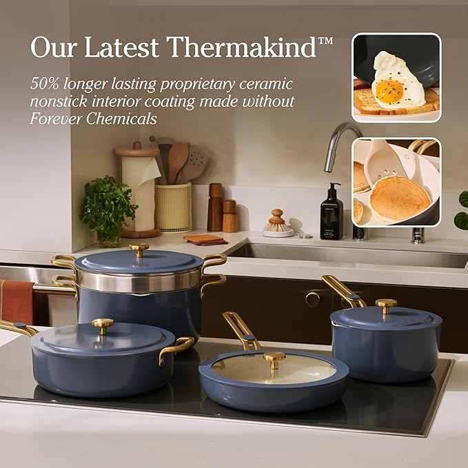 Our Place 11-Piece Essentials Complete Cookware Set - Ceramic Fry Pan, Saucepan, Saut챕 Pan, Stock Pot, Strainer Basket & Rack Storage | Thermakind??Nonstick, Oven Safe up to 450째F | Blue Salt