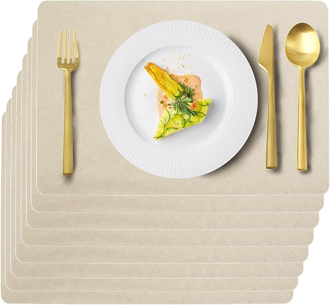 Uolr Vinyl Placemats Set of 8 Faux Leather 100% Waterproof Wipeable Washable Place Mats Heat Resistant Easy Clean Non-Slip Table Mats for Indoor Outdoor. (8,Beige)