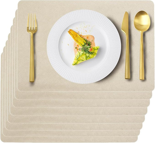 Uolr Vinyl Placemats Set of 8 Faux Leather 100% Waterproof Wipeable Washable Place Mats Heat Resistant Easy Clean Non-Slip Table Mats for Indoor Outdoor. (8,Beige)