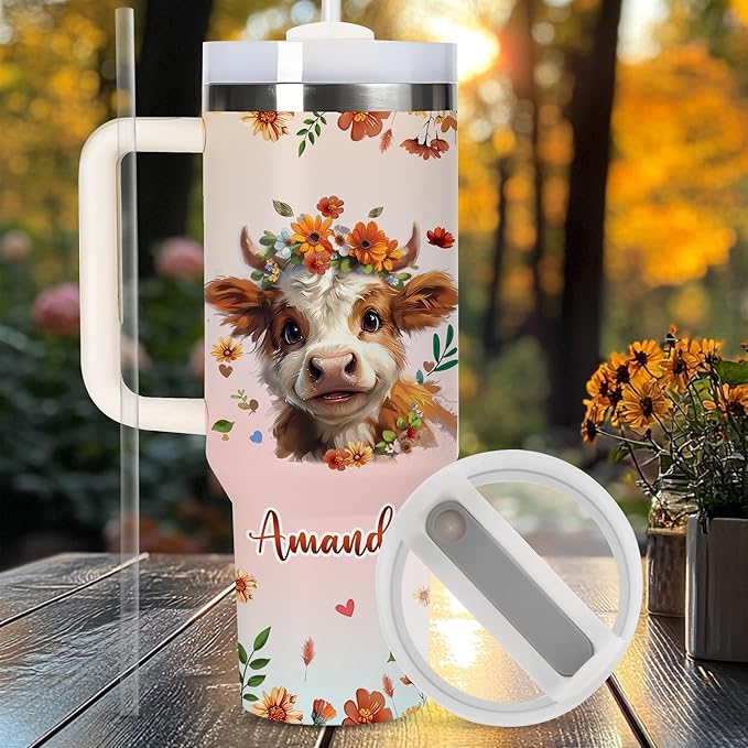 AGGLOMEKC Personalized Cute Cow Cup - Mother's Day Birthday Gift For Animal Lovers - Just A Girl Who Loves Highland Cow Tumbler 40oz With Custom Name - Pet Lover Gifts For Women, Her