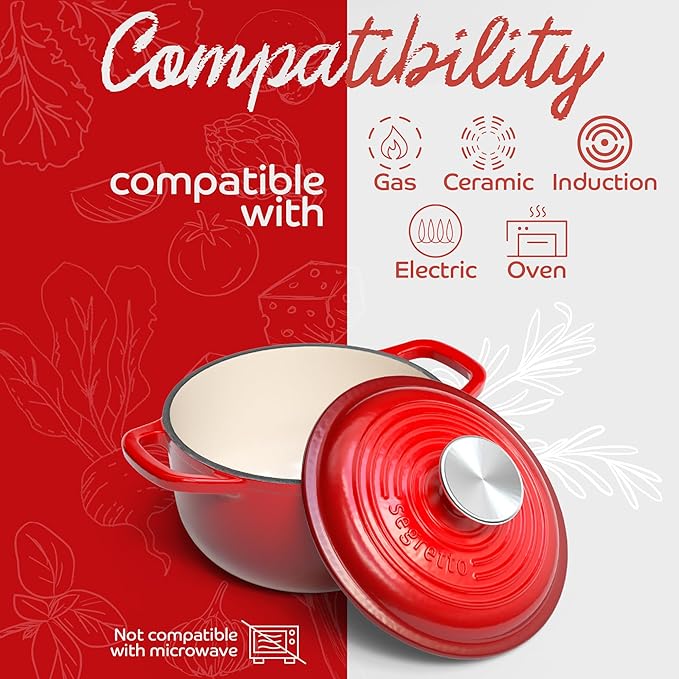 Segretto Cookware Enameled Dutch Oven Pot with Lid Rosso (Gradient Red) 1.7 Quarts Cast Iron Dutch Oven with Handle 1.7 qt Enamel Small Cast Iron Pot for Bread Baking, Cooking