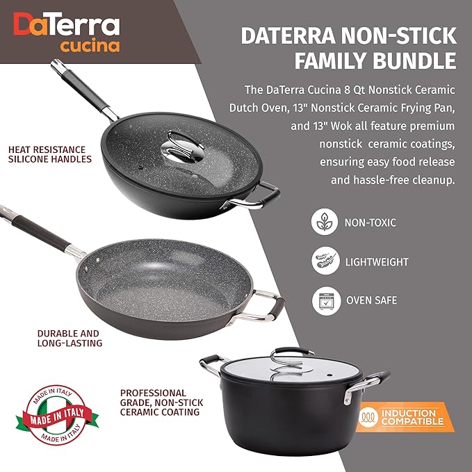 DaTerra Cucina Nonstick Family Bundle ??13" Frying Pan, 13" Wok with Lid, 8 Qt Dutch Oven with Lid ??Oven Safe, Ceramic Nonstick, PTFE & PFOA Free ??Made in Italy, Volcanic Black Speckled