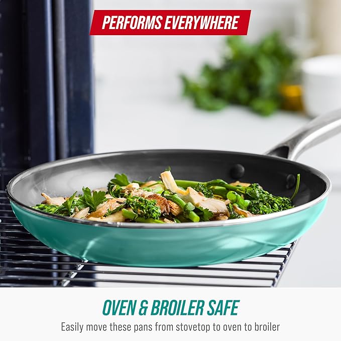 Blue Diamond Frying Pan 8??Skillet, Diamond Infused Healthy Ceramic Nonstick, PFAS and PFOA-Free, Dishwasher and Oven Safe, Even Heating, Metal Utensil Safe, Warp Control Base, Turquoise