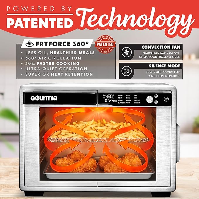 Gourmia French Door Air Fryer Oven - 37 Qt Large Capacity Convection Toaster Oven, FryForce 360°, Digital Display, 12 Cooking Presets, Dehydrate, Fits 13??Pizza, Dishwasher-Safe, Stainless Steel