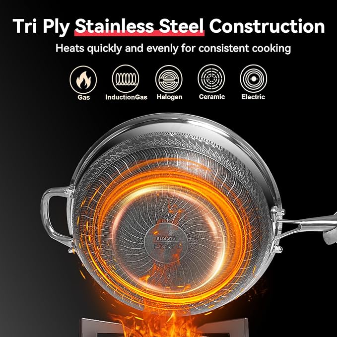 WANGYUANJI Coating-Free Hybrid Stainless Steel Wok with Lid, 12.6" Flat-Bottom Stir-Fry Pan, Honeycomb Surface, Induction Compatible, Dishwasher & Oven Safe
