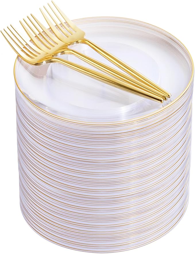 Rubtlamp 200Pcs Clear Gold Dessert Plates With Plastic Gold Forks, 100pcs 7.5inch Plates For Appetizers,100pcs 7.8inch Premium Forks Disposable, Cake Platos Disposable for Wedding
