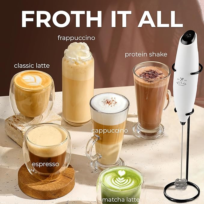 Zulay Kitchen Patented Tornado Triple Whisk Milk Frother with 4 Duracell Batteries ??Handheld Foam Maker for Coffee, Lattes, Matcha & Hot Chocolate ??Rich, Creamy Froth in Seconds