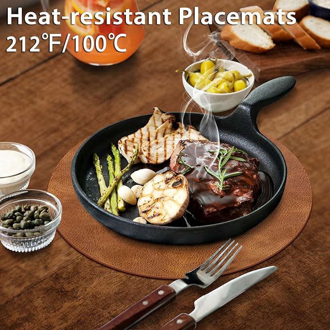 ADRIMER Placemats, Heat Resistant Round Placemats Set of 12 Washable, Waterproof Table Mats, Wipeable Faux Leather Place Mats for Kitchen, Dining Room, Turmeric Brown