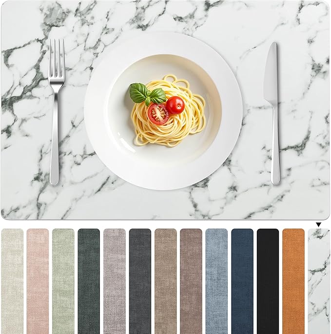 FROMHEART Faux Leather Placemats Set of 8?밯aterproof,Heat/Oil Stain-Resistant PU Table Mat?밨eversible,Easy to Clean Place Mats for Kitchen,Dining,Indoor/Outdoor,(Marble,11.8" x 17")