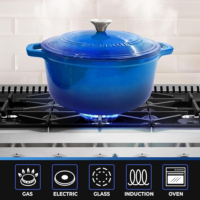 MUELLER HOME 7.5 QT Enameled Cast Iron Dutch Oven, Heavy-Duty Casserole Dish and Braiser Pan with Lid and Stainless Knob, Oven-Safe up to 500째 F & Across All Cooktops, Aqua Blue