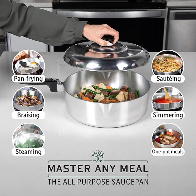Cast Aluminum Saut챕 Pan with Lid 12 inch - Oven Safe Deep Frying Pan with Lid, Two Side Spouts and Ergonomic Stay-Cool Handle for Comfortable Grip and Pouring (4 Quart)