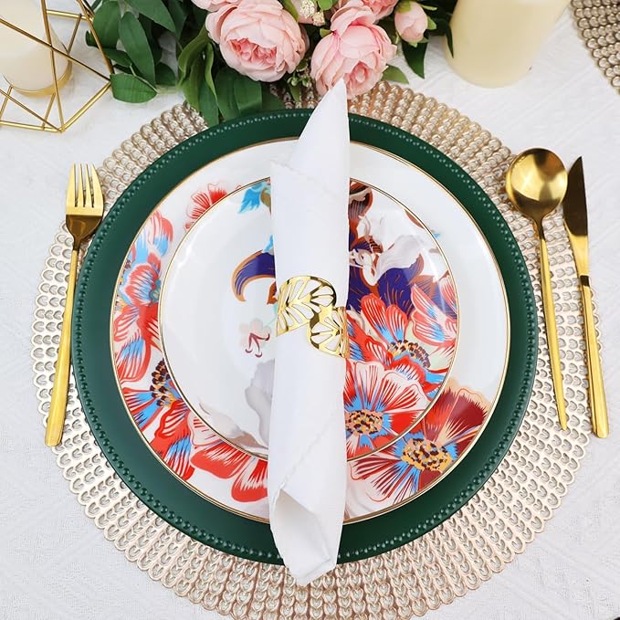 Set of 12 Green Charger Plates with Beaded. 13" Reusable Plastic Table Chargers for Dinner Plates
