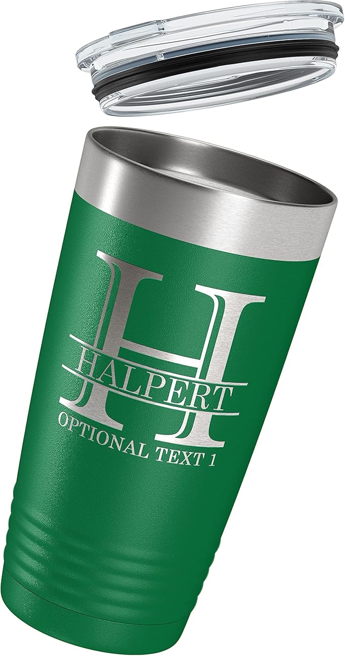 Personalized 20oz (17 Colors) Powder Coated Insulated Stainless Steel Tumbler with Lid, Custom Etched, Customized Engraved Gift Idea for Women Men Her Him, Halpert Monogram Initial Name (Green)