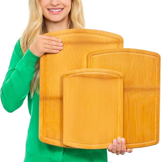 Organic Bamboo Cutting Board Set of 3 with Glue-Free Surface and Lifetime Replacements ??Wooden Chopping Board for Kitchen with Juice Grooves for Carving & Serving, Non Toxic & Durable by Greener Chef