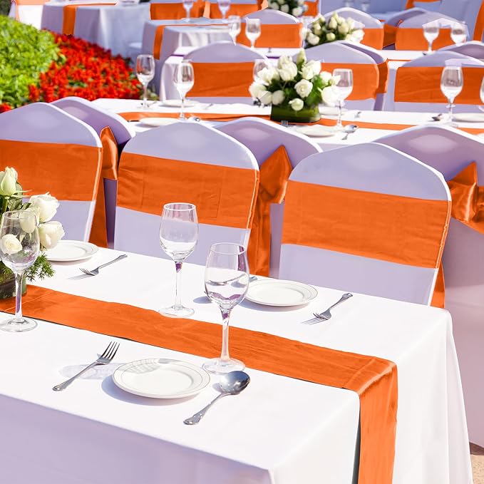 Aneco 4 Pack Satin Table Runner 12 x 108 Inch Orange Long Bright Silk and Smooth Fabric Party Table Runner for Wedding Banquet Party Decoration