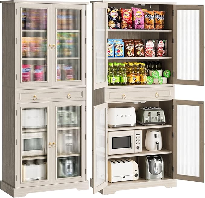 Kitchen Pantry Cabinet with Arcylic Doors and Adjustable Shelves - 72" Tall Storage Cabinet Freestanding Cupboard with Drawer, Food Pantry Cabinet, Wood Storage Cabinets for Dining Room, White