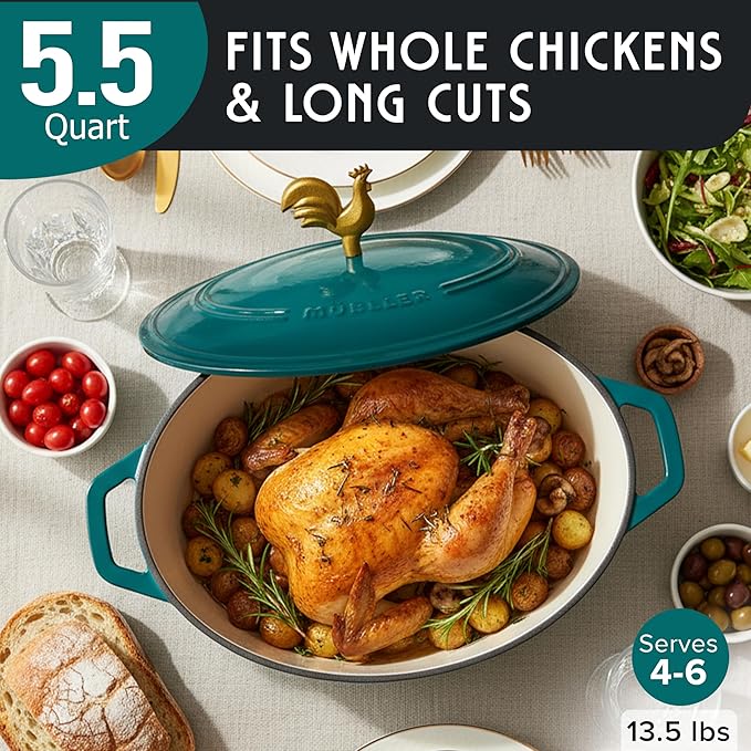 MUELLER HOME 5.5 Quart Enameled Cast Iron Oval Dutch Oven with Rooster Knob and Cotton Potholders, Heavy-Duty Cookware, Oven-Safe up to 500째 F & Across All Cooktops, Thanksgiving Essentials, Emerald