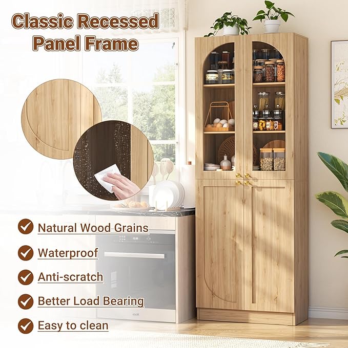 Cyclysio 80" Kitchen Pantry Cabinet, Tall Arch Storage Cabinet with Glass Doors, Freestanding Wood Floor Cupboard Bookcase with Seamless Fit Wall for Dining Room, Living Room, Bathroom (Natural)