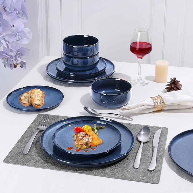 Herogo 12 Pieces Dinnerware Sets Stoneware Service for 4, Dinner Plates and Bowls Sets, Double Reactive Glaze Dishes Set for Kitchen, Scratch Resistant, Microwave & Dishwasher Safe, Starry Blue