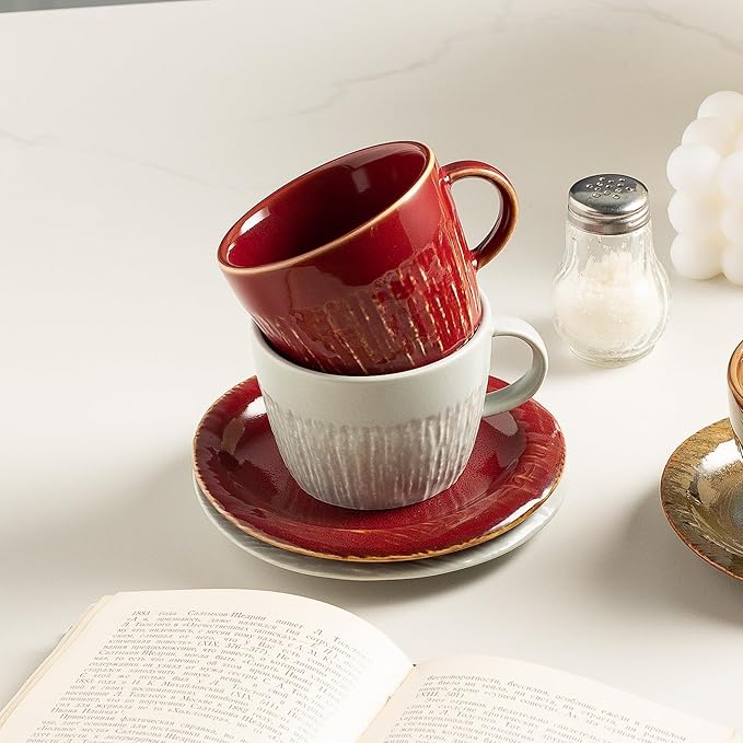 Ceramic Latte Cup with Saucer, 7 oz, Coffee Mug, Espresso Cups for Cappuccino, Milk Tea and Mocha, Dishwasher and Microwave Safe (red)
