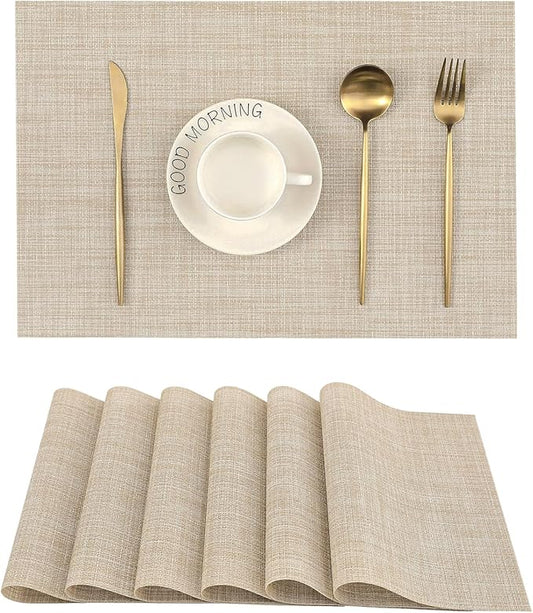 Leetaltree Beige Placemats Set of 6 - Heat Resistant Non-Slip Place mats for Dining Table, Washable Durable PVC Vinyl Woven Table Mats(Beige, 6)
