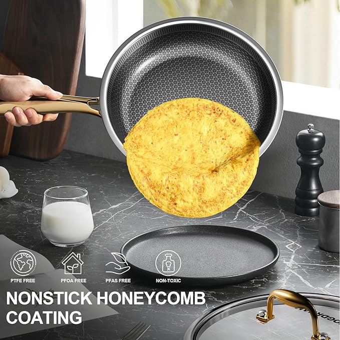 Fogdream 12??Non Stick Frying Pans, Stainless Steel Skillet with Lid, Tri-Ply Stainless Steel for All Cooktops, Dishwasher and Oven-Safe Cooking Pan, Stay-Cool Handle, Gold