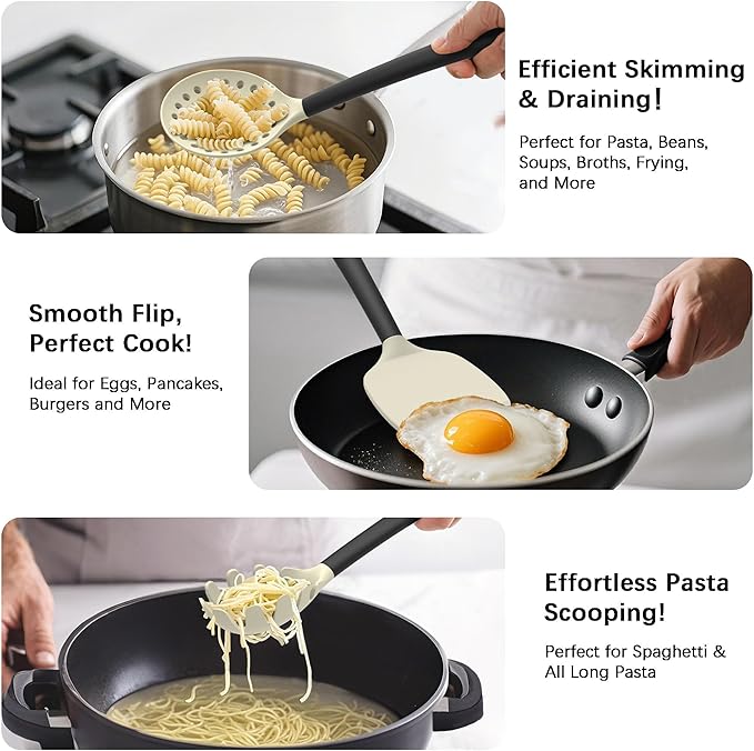 Coukre Silicone Kitchen Cooking Utensils Set with Holder ??Heat-Resistant, Food-Grade Kitchen Tools, Spatula, Spoon & Gadgets for Non-Stick Pans, Dishwasher Safe (14, Beige)