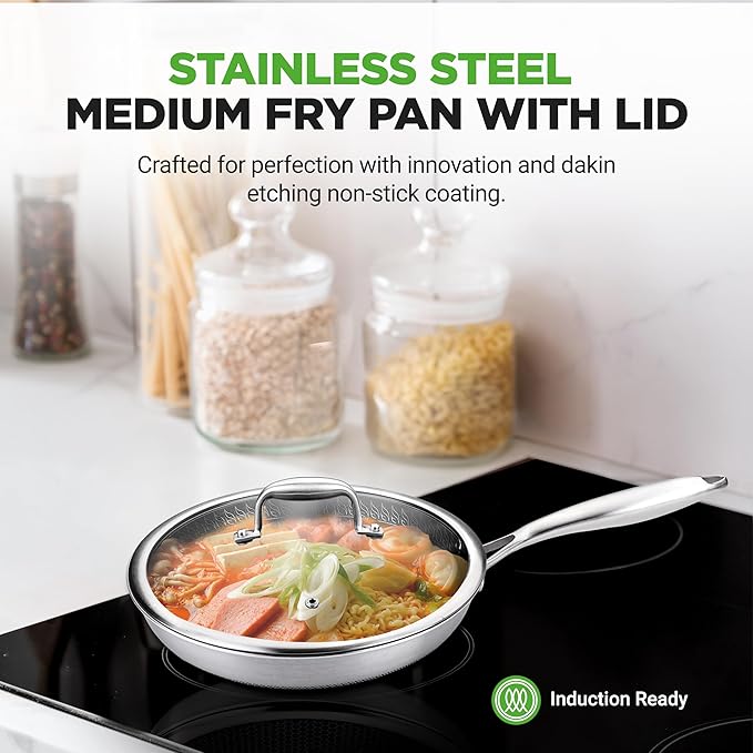 NutriChef 10??Non-Stick Stainless Steel Frying Pan with Lid, Triply Stainless Steel Cookware, Etched Non-Stick Coating, Oven & Induction Safe, Premium Stainless Steel Frying Pan, PFOA/PFOS Free