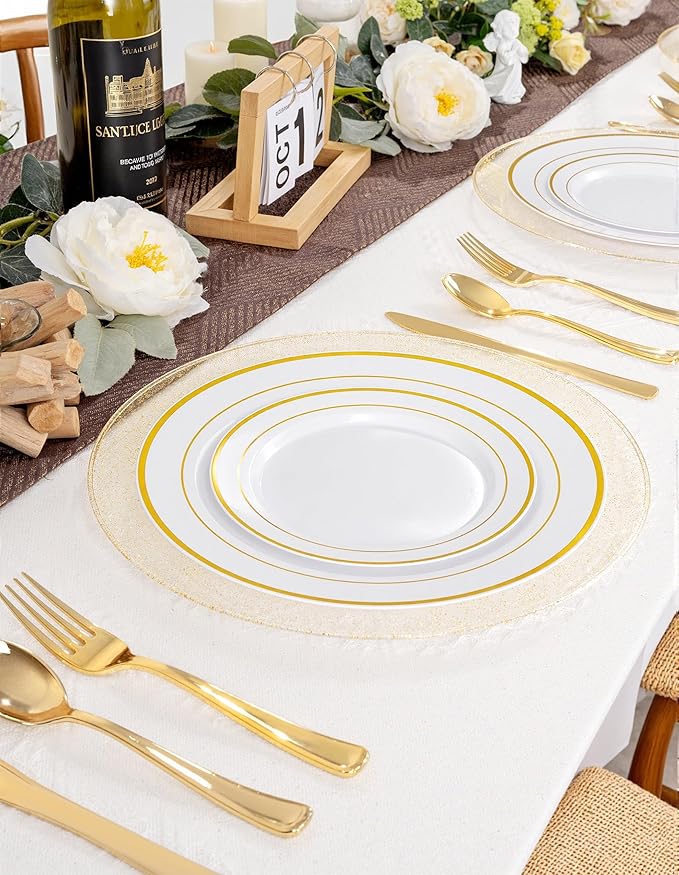 WDF 25PCS Glitter Gold Charger Plates - 12inch Gold Charge for Dinner - Plastic Chargers for Wedding Birthday Party Valentine's Day