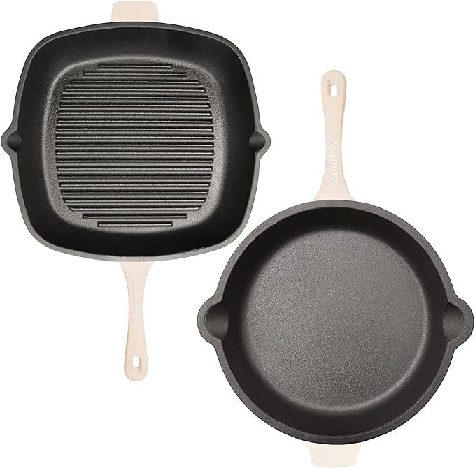 BergHOFF Neo 3Pc Enameled Cast Iron Cookware Set, Fry Pan 10 inches, Grill Pan 11 inches, Slotted Steak Press, Fast, Evenly Heat, Oven safe (Meringue)