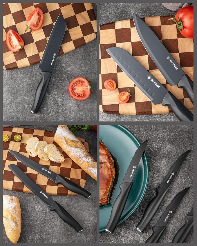 Knife Set, KUNYUAN 15 pieces Knife Sets for Kitchen,High Carbon German Stainless Steel Knife Block Set with Built in Sharpener Block,Dishwasher Safe Kitchen Knife Set, Black