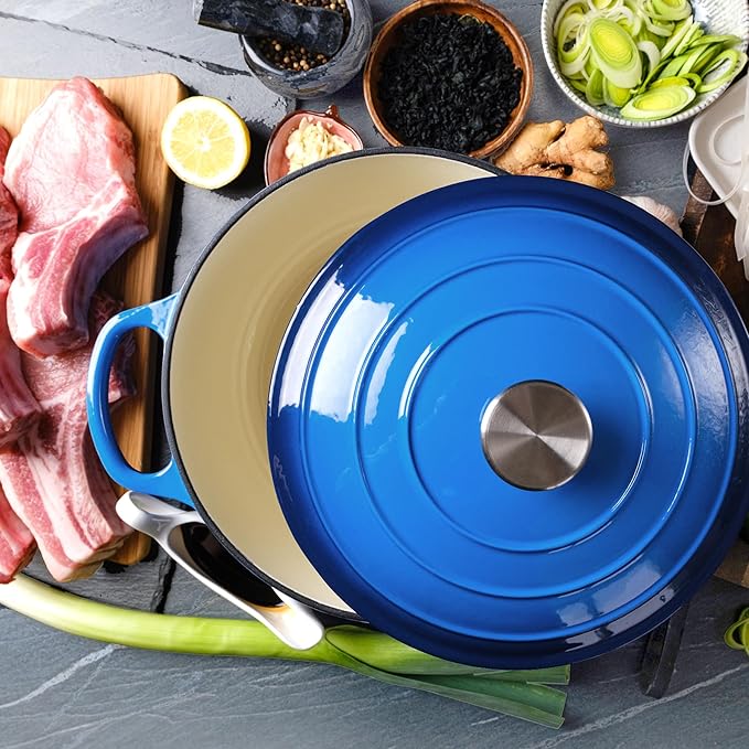 6 Quart Dutch Oven Enameled Cast Iron with Lid - Big Dual Handles - Oven Safe up to 500째F - Classic Round Pot for Versatile Cooking (Blue, 6 QT)