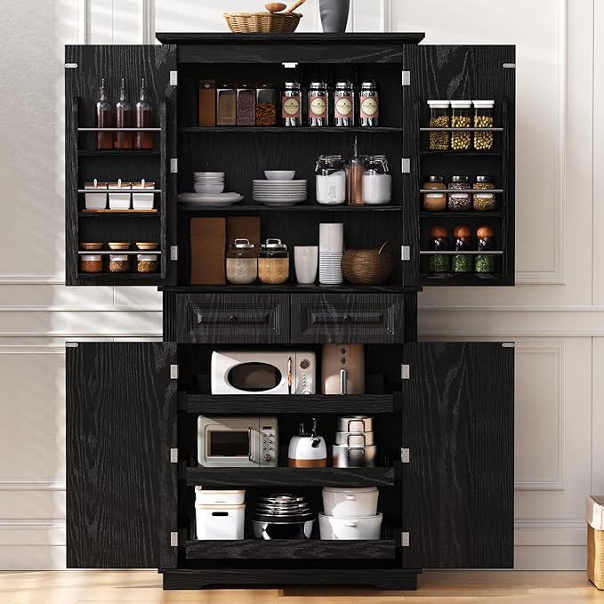 Ball & Cast 71?쿟all Farmhouse Kitchen Pantry Cabinet with 3 Pull Out Shelves & 2 Large Drawers,Versatile Pantry Storage Cabinet w/ 6 Door Shelf & Adjustable Shelves for Kitchen,Dining Room,Black