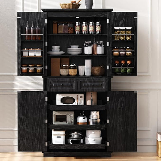 Ball & Cast 71?쿟all Farmhouse Kitchen Pantry Cabinet with 3 Pull Out Shelves & 2 Large Drawers,Versatile Pantry Storage Cabinet w/ 6 Door Shelf & Adjustable Shelves for Kitchen,Dining Room,Black