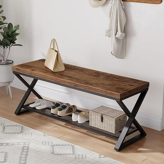 LVB Rustic Entryway Bench, 47??Shoe Bench with Storage for Entry Way, Industrial Shoe Rack Bench with Seating for Foyer Entrance, Farmhouse Wood Bench for Hallway Living Room Bedroom, Rustic Brown