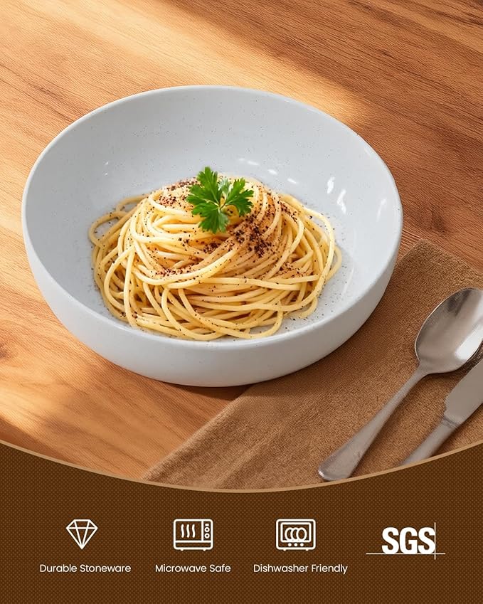 Pasta Bowls Set of 8, 34oz Speckled Ceramic Bowls Set for Serving Salad, Pasta, Soup, Dinner, 8" Wide and Deep Bowls, Dishwasher & Microwave Safe, Matte Terracotta Base (Gray White)