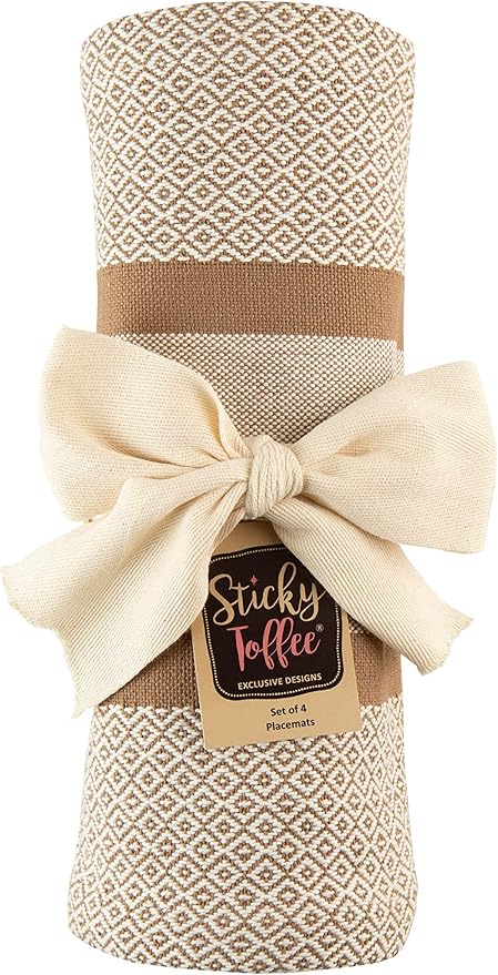Sticky Toffee Cotton Placemats Set of 4 ??Tan Woven 14x19 in Table Mats for Kitchen or Dining Table, Boho Style, Washable Cloth Placemats