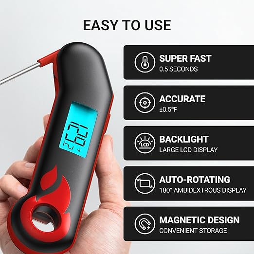 ThermoMaven Professional Meat Thermometer, Instant Read in 0.5 Sec, NIST Certified Accuracy 짹0.5째F, IP67 Waterproof, Ambidextrous Backlight & Auto-Rotating Display, for BBQ/Grill/Cooking, Black&Red
