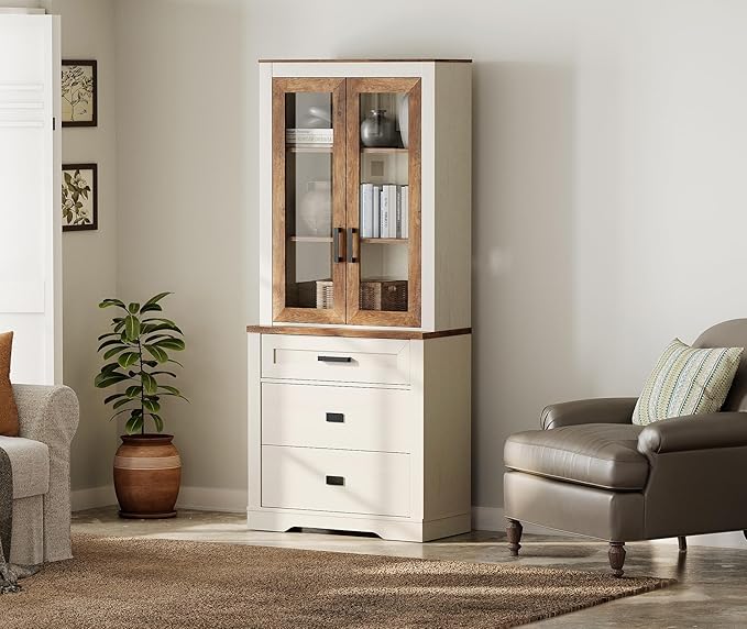 WAMPAT 3 Tier Pantry Cabinet with Drawer,73.3" Tall Floor Standing Cupboard,Modern Farmhouse Display Kitchen Buffet with Adjustable Shelves and Glass Door for Dining Room,Living Room,White Oak