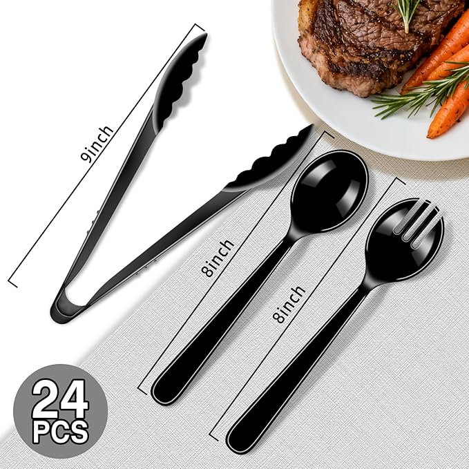Reusable Serving Utensils Set 24 Pcs - 8 Heavy Duty Plastic Tongs, 8 Spoons & 8 Forks | Dishwasher Safe Buffet & Party Supplies for Wedding, Catering, Holidays