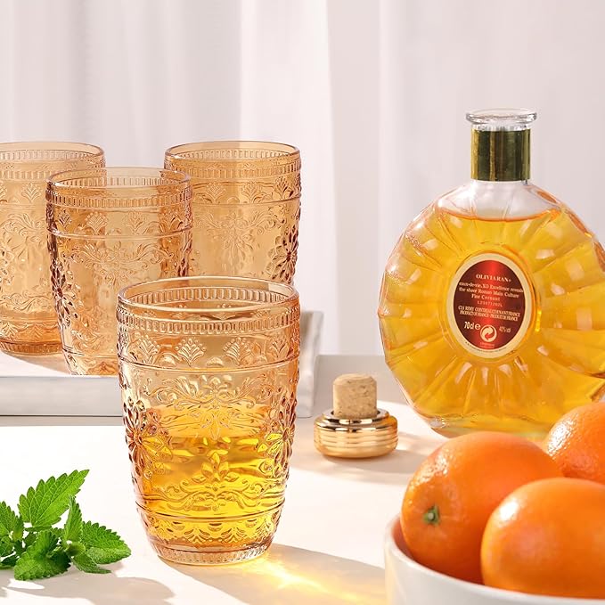 abrwyy Amber Glassware set of 6, Amber Drinking Glasses, Vintage Drinking Glasses, 14oz Colored Old Fashioned Glass Cups, Highball Glasses Set for Home Party Wedding