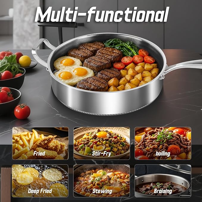Frying Pans Nonstick wih Lid, Non Stick Tri-Ply Stainless Steel Saute Pan, 8 Quarts Large Saut챕 Pan, 13.5 Inch Induction Cooking Pan, Dishwasher and Oven Safe, PFOA Free