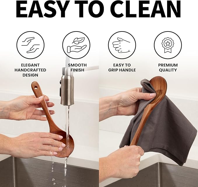 Zulay Kitchen 9.4" Teak Wooden Cooking Spoon ??Durable, Non-Stick Wooden Utensil for Cooking, Stirring, Mixing & Serving ??Heat-Resistant, Smooth Finish Kitchen Spoon for Nonstick Cookware