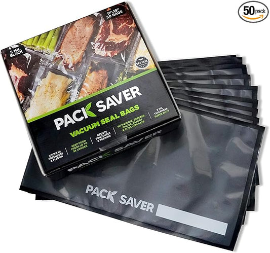 Vacuum Sealer Bags 50 Pack - 11"x19" Heavy Duty Pre-Cut Food Storage Bags for Food Saver, Meal Prep, Sous Vide - Commercial Grade BPA Free (Clear & Black)