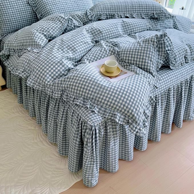 LifeTB Blue Gingham Comforter Set Full Size Ruffle Plaid Grid Bed Comforter Set with 2 Pillowcases Lightweight Gingham Bedding Set Soft Fluffy Farmhouse Plaid Checkered Pattern Comforter Full Size