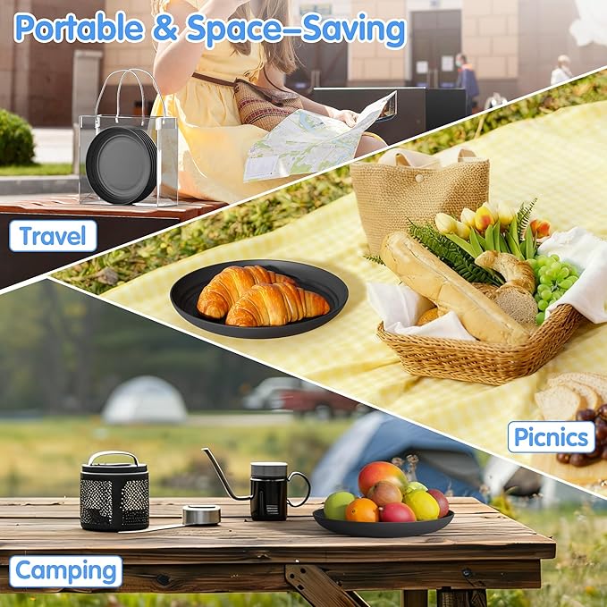 Quatish 10 PCS Unbreakable Reusable Plastic Plates,8 inch Dishwasher & Microwave Safe Dinner Plate, Easy-to-Clean Lightweight,Portable for Kitchen & Picnics Wheat Straw Plates （Black）